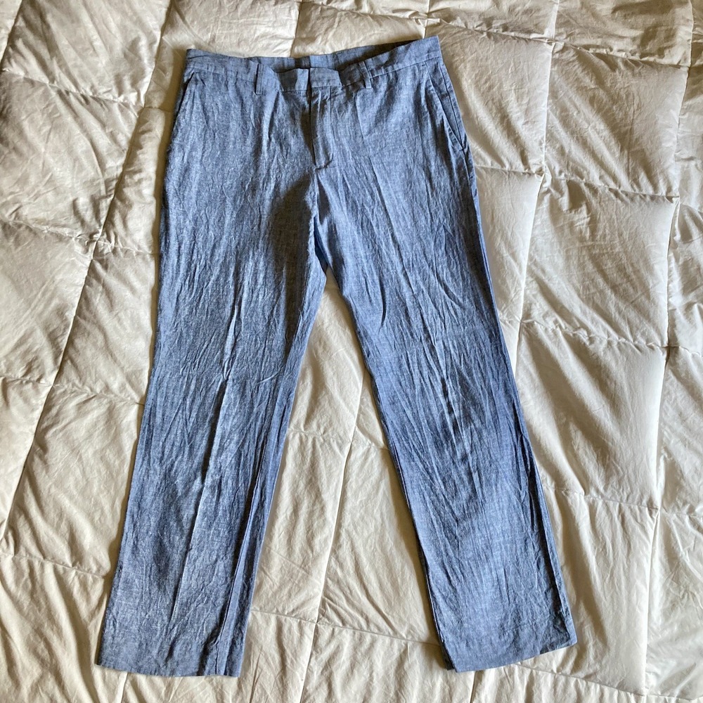 Perry Ellis Portfolio Linen Cotton Trouser Slack Mens 37.5x30.5 Baby Blue Breezy